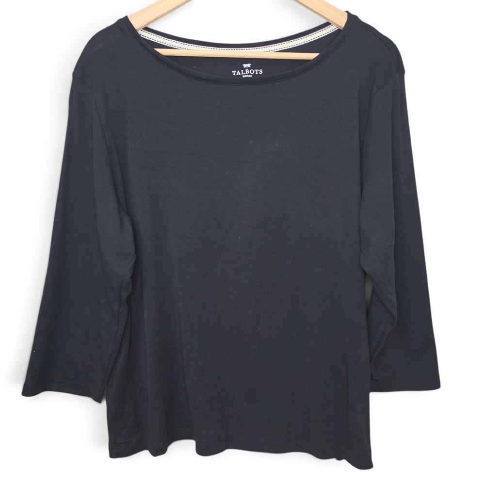 Talbots Womens Top 2X Plus Shirt Black Pima Cotton 3/4 Sleeve Boat Neck Tee